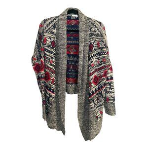 Roxy Grey/Red/Blue Aztec Print Knit Open Draped Holiday Cardigan Sweater Large
